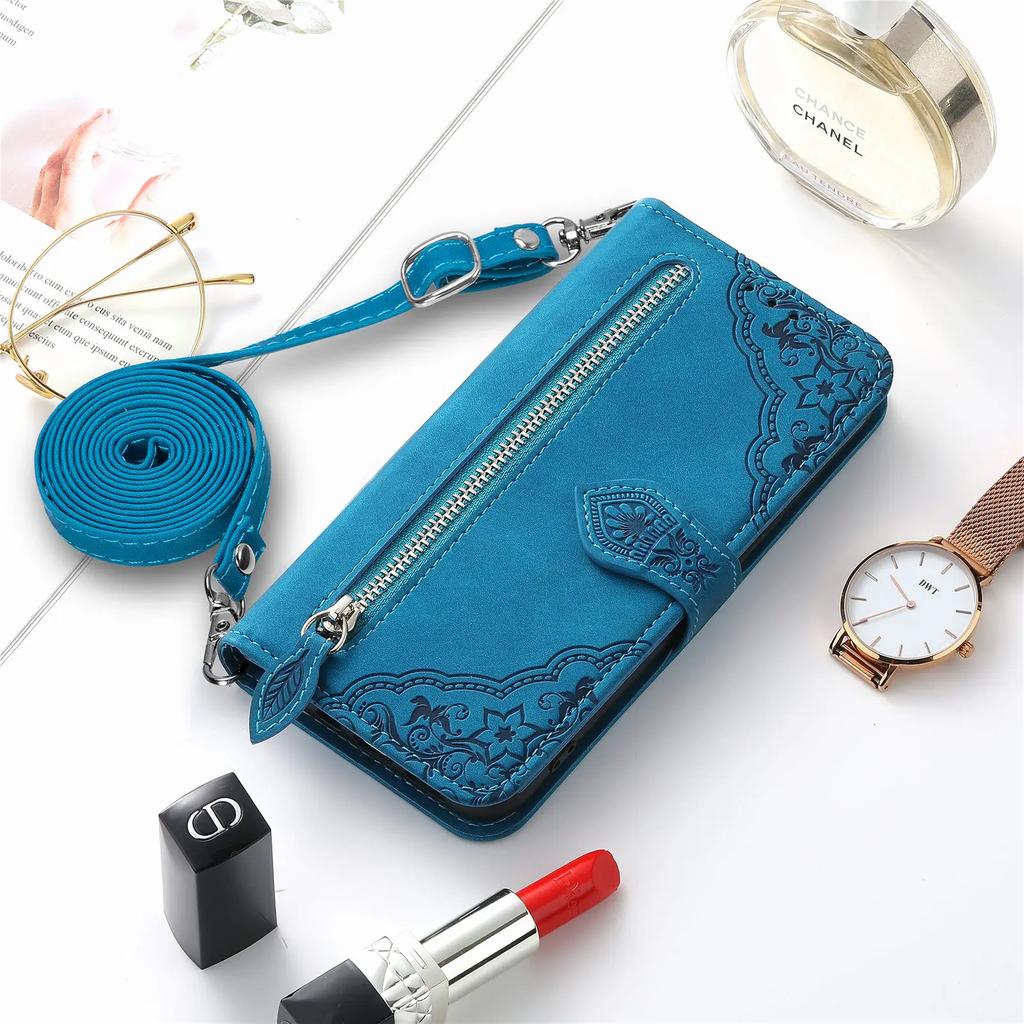 Crossbody Zipper Leather Wallet Card Pocket Case For iPhone 15 14 13 12 11 16 Pro Max Plus SE2022 X XR XS Lanyard Strap Cover