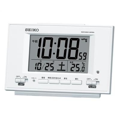 Ρολόι-ξυπνητήρι Seiko αυτόματος φωτισμός ραδιοκυματικό ψηφιακό ημερολόγιο ένδειξη θερμοκρασίας ορατό ακόμα και τη νύχτα λευκό περλέ SQ778W SEIKO