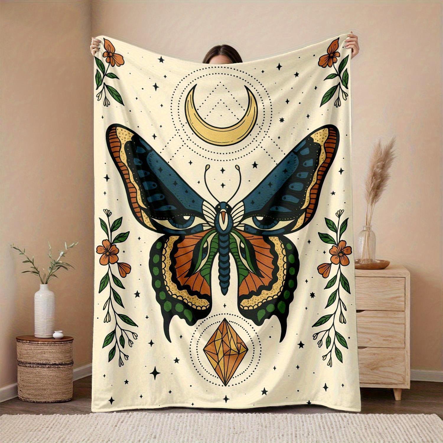 1pc Bohemian Floral Butterfly & Crescent Moon Throw Blanket - Heavyweight 280gsm Soft Polyester Flannel - All-Season Luxury Beds 130x150cm51x59in