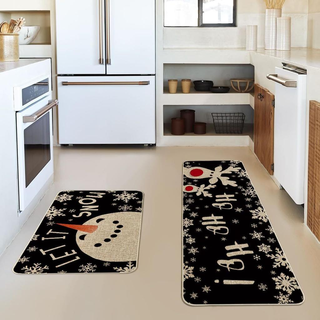 Christmas Kitchen Mat Household Kitchen Water-Absorbing And Dirt-Resistant Long Strip Two-Piece Set Foot Mat Decorative Floor Mat