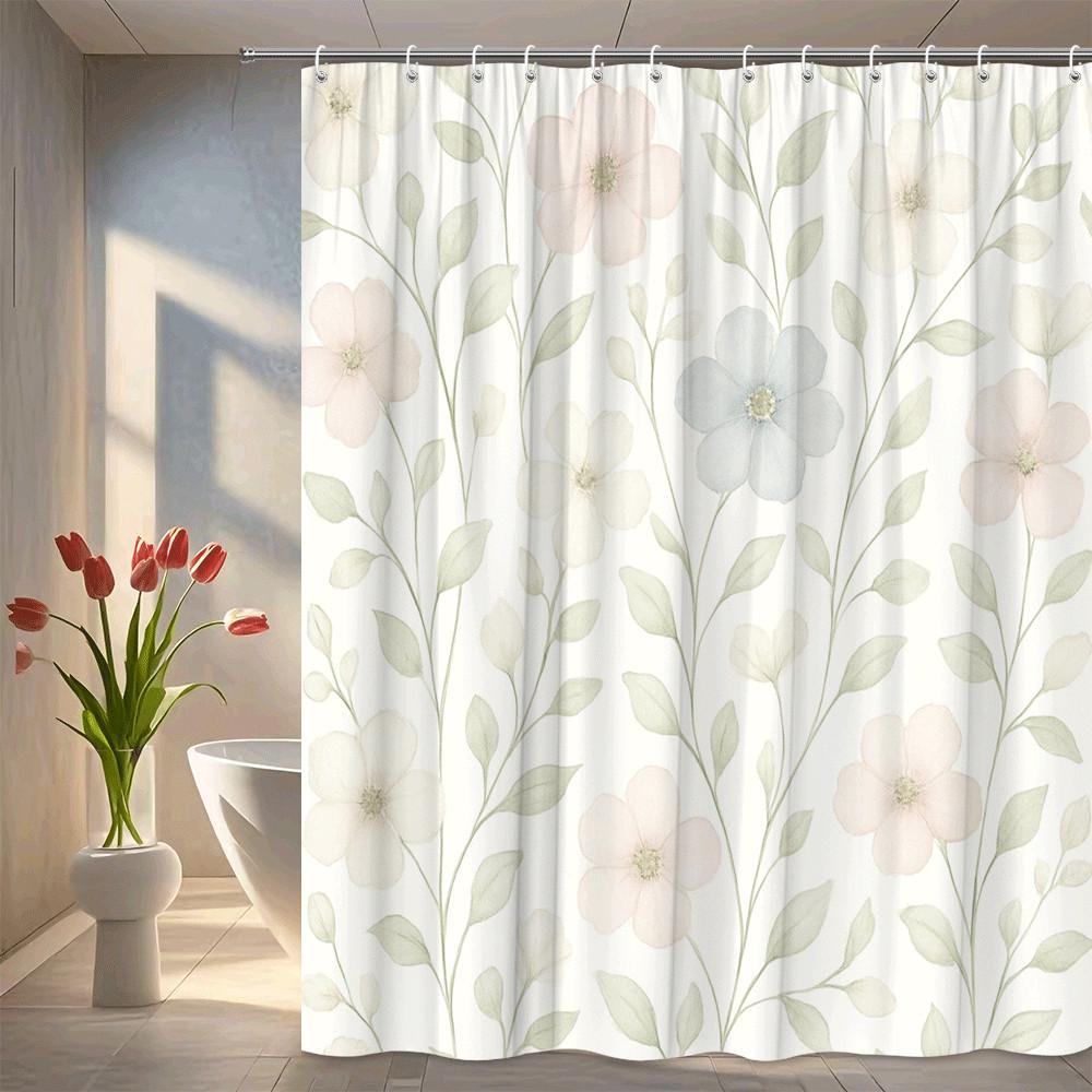 

Soft Pastel Flower Shower Curtain Delicate Blooms Green Leaves Minimalist Nature Design Elegant Bathroom Decor Waterproof W60H190(CM)-1 Pcs