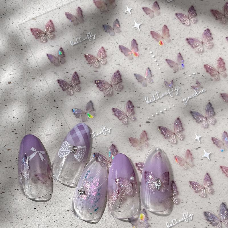 1Sheet 3D Shell Light Butterfly Adhesive Stickers Nail Art Decoration Laser Self-adhesive Nail Sticker Nail Art Supply Manicure