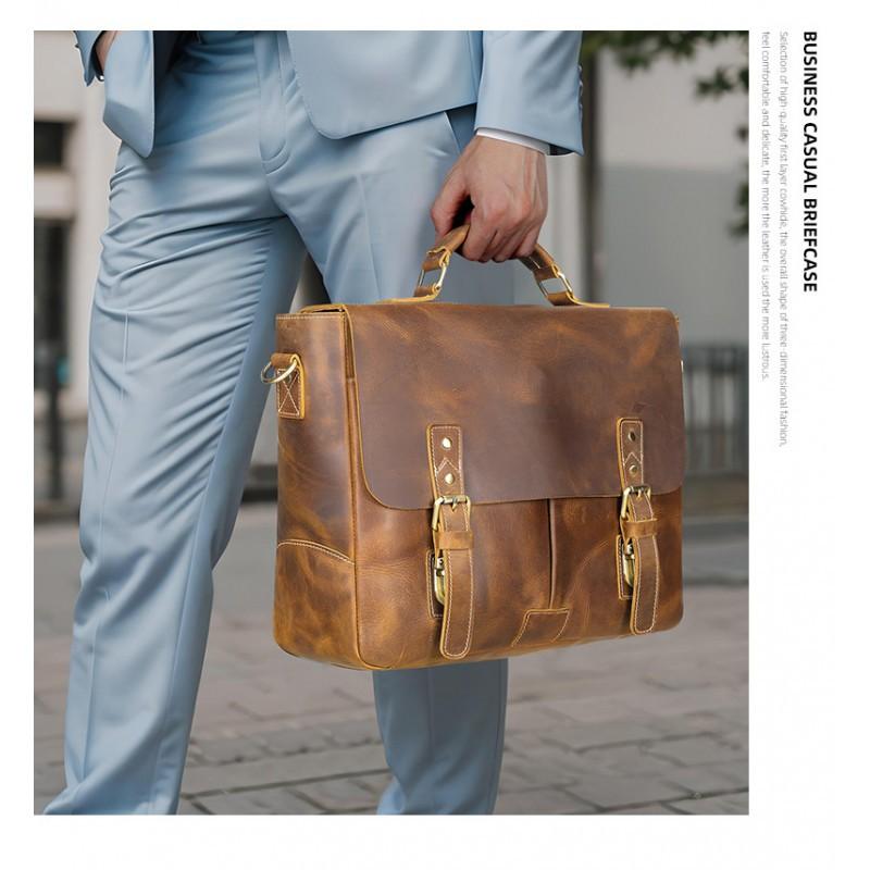 Crazy Horse Leather Business Briefcase High-end Minimalist Mailman Bag Genuine Retro Laptop