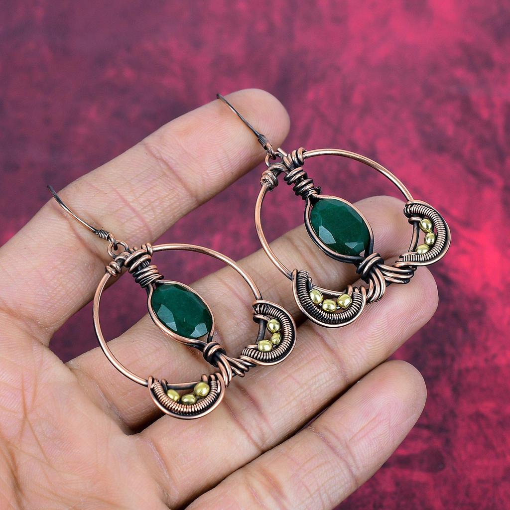Faceted zambian emerald earring copper wire wrapped earrings handmade gemstone earring copper wire wrap jewelry gift for women drop earrings