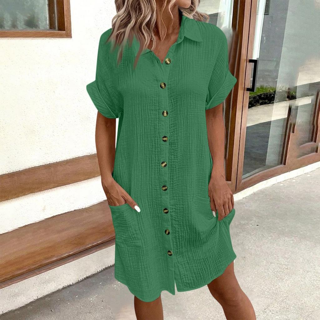 Fashion Women's Summer Casual Short Sleeve V-Neck Button Dress