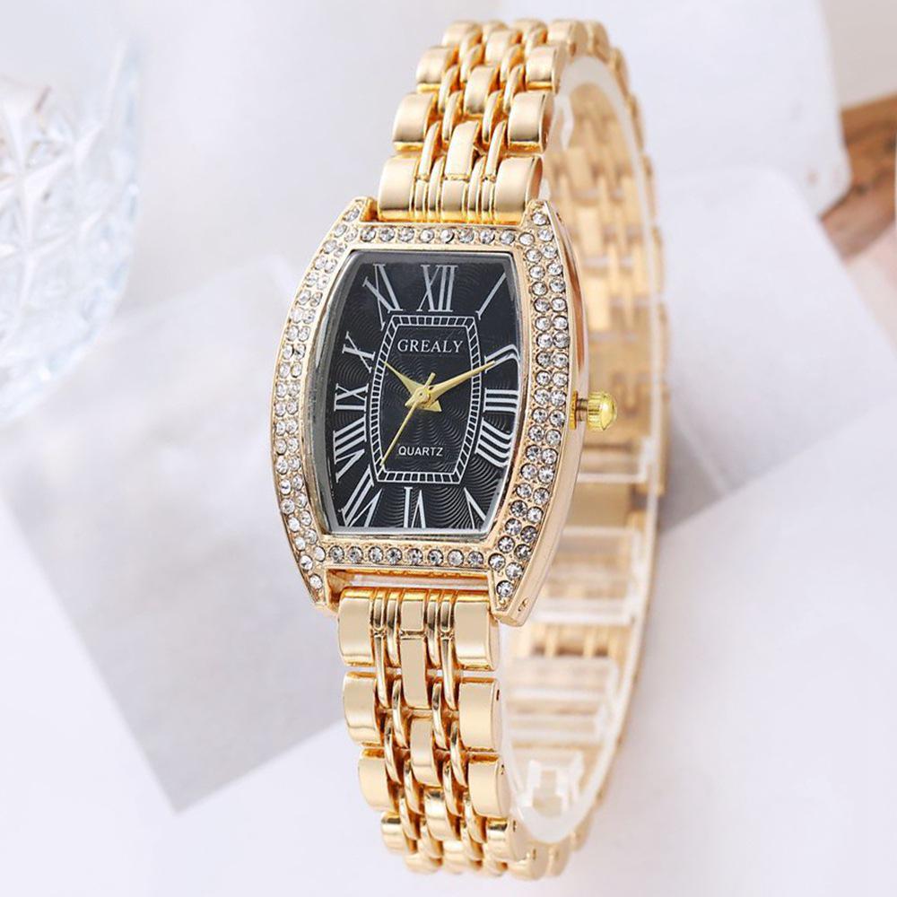 Luxus Damen-Armbanduhr mit Strass-Fass-Zifferblatt und römischen Ziffern - Modisch und lässig