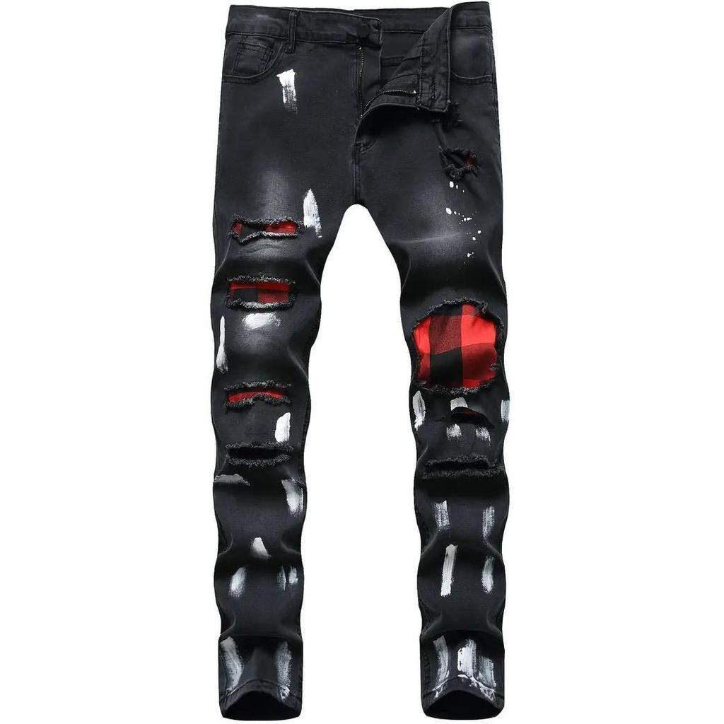 Men's Trendy Slim Fit Black Distressed Denim Jeans with Tapered Legs