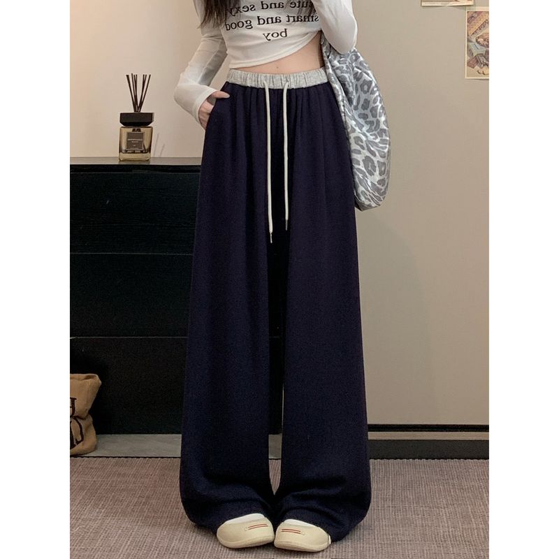 

Kumikumi Contrast Color Patchwork High Waist Casual Pants Wide Leg Pants Women clothes Autumn Drape Loose Straight Pants Mopping Pants Navy blue XL