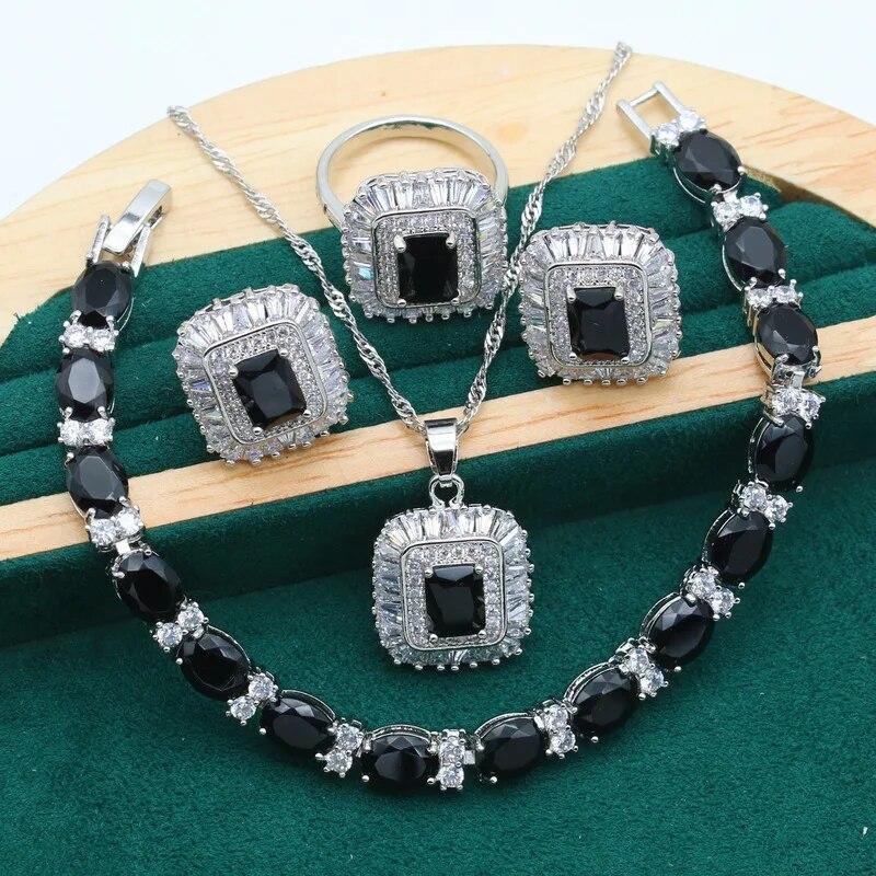 

Новые геометрические черные циркониевые серебряные комплекты ювелирных изделий 925 пробы для женщин, свадебный браслет, серьги, ожерелье, кулон, кольцо, праздничный подарок