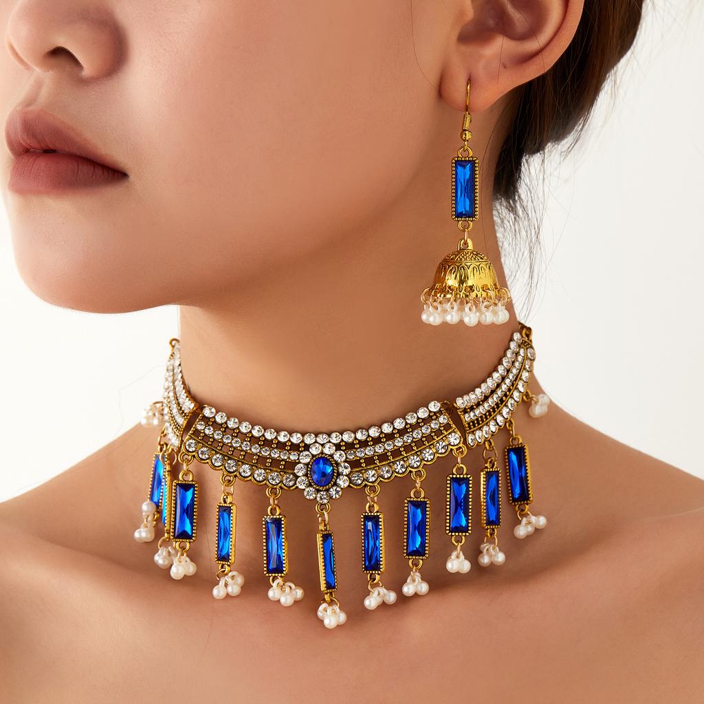 Böhmisches Retro-Halsketten- und Ohrring-Set, Leichter Geometrischer Schmuck für Damen