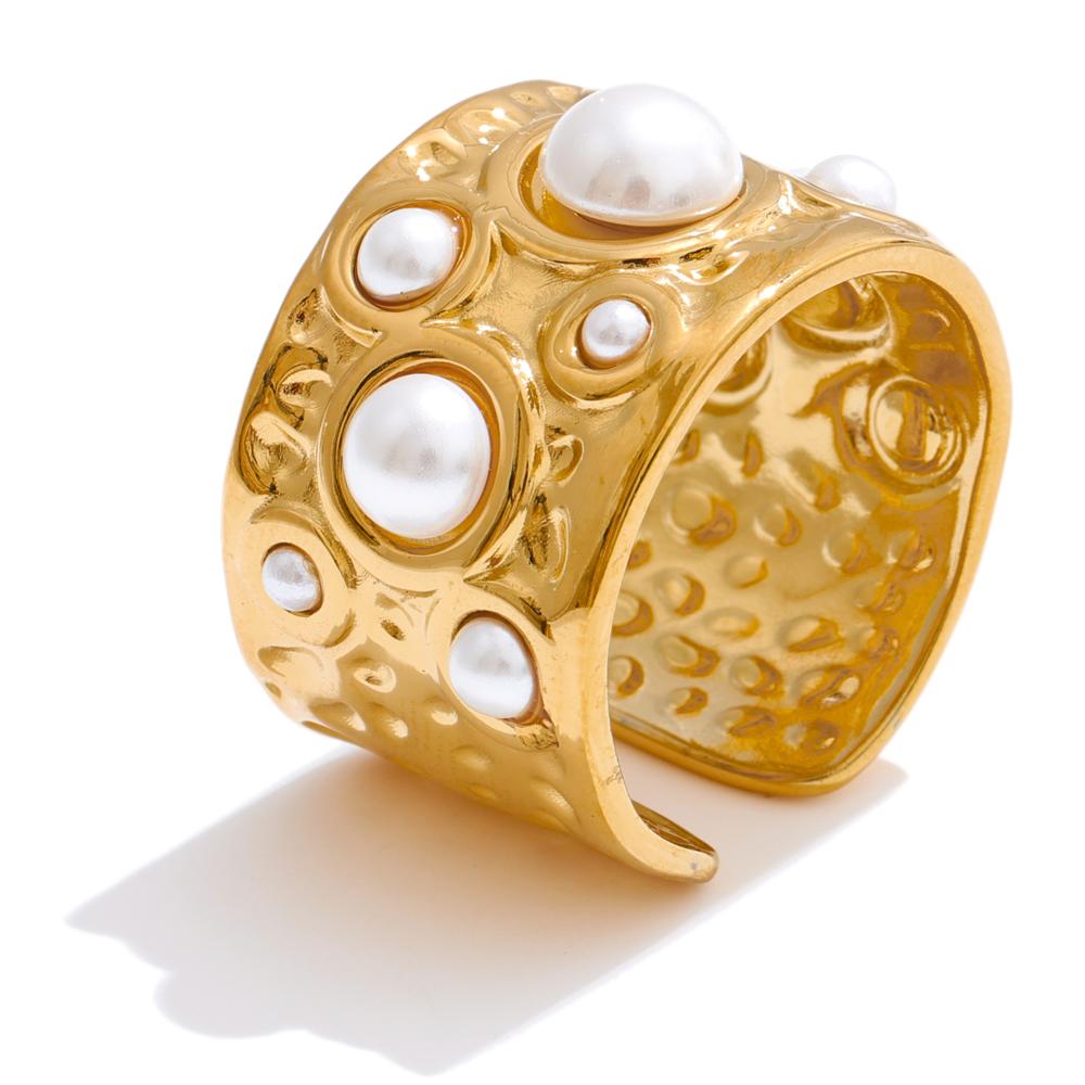 

Yhpup Size:7 Simulated Pearls Hammer Metal Wide Open Ring Rust Proof Stainless Steel Charm Finger Jewelry Recommend 7