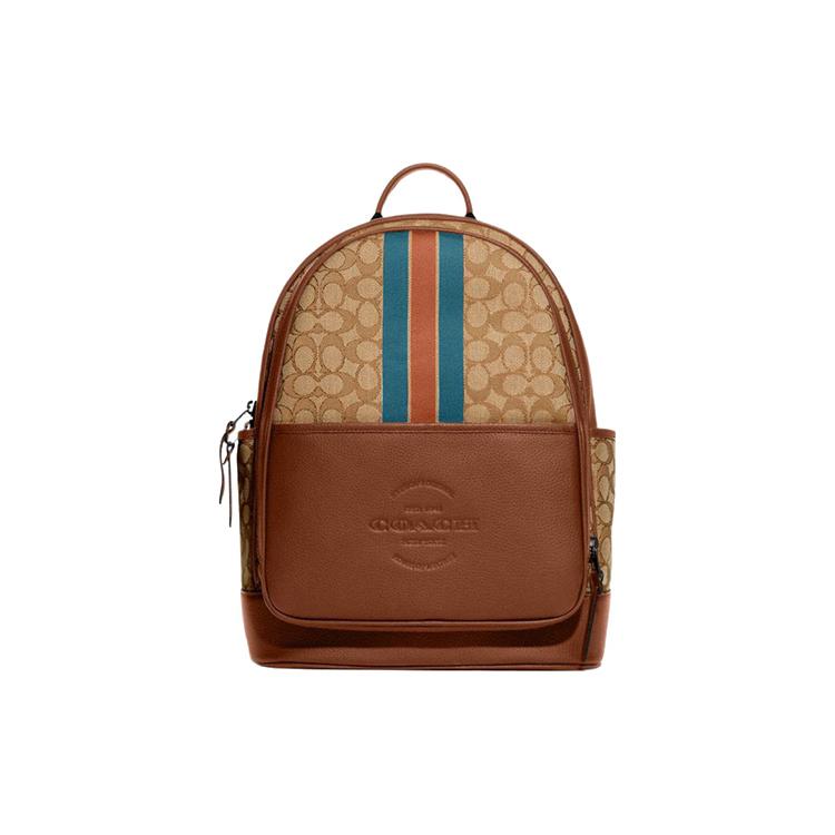 New COACH Thompson Iconic Jacquard With Refined Pebbled Leather Backpack Large Men's Light Khaki & Candy Orange C9365-QBUC5