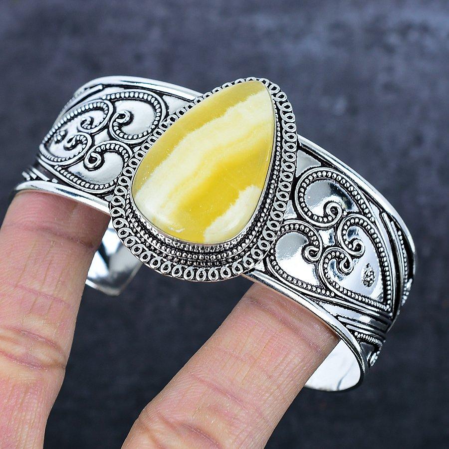 Natural Yellow Calcite Gemstone 925 Sterling Silver Cuff Bangle Adjustable k4W05