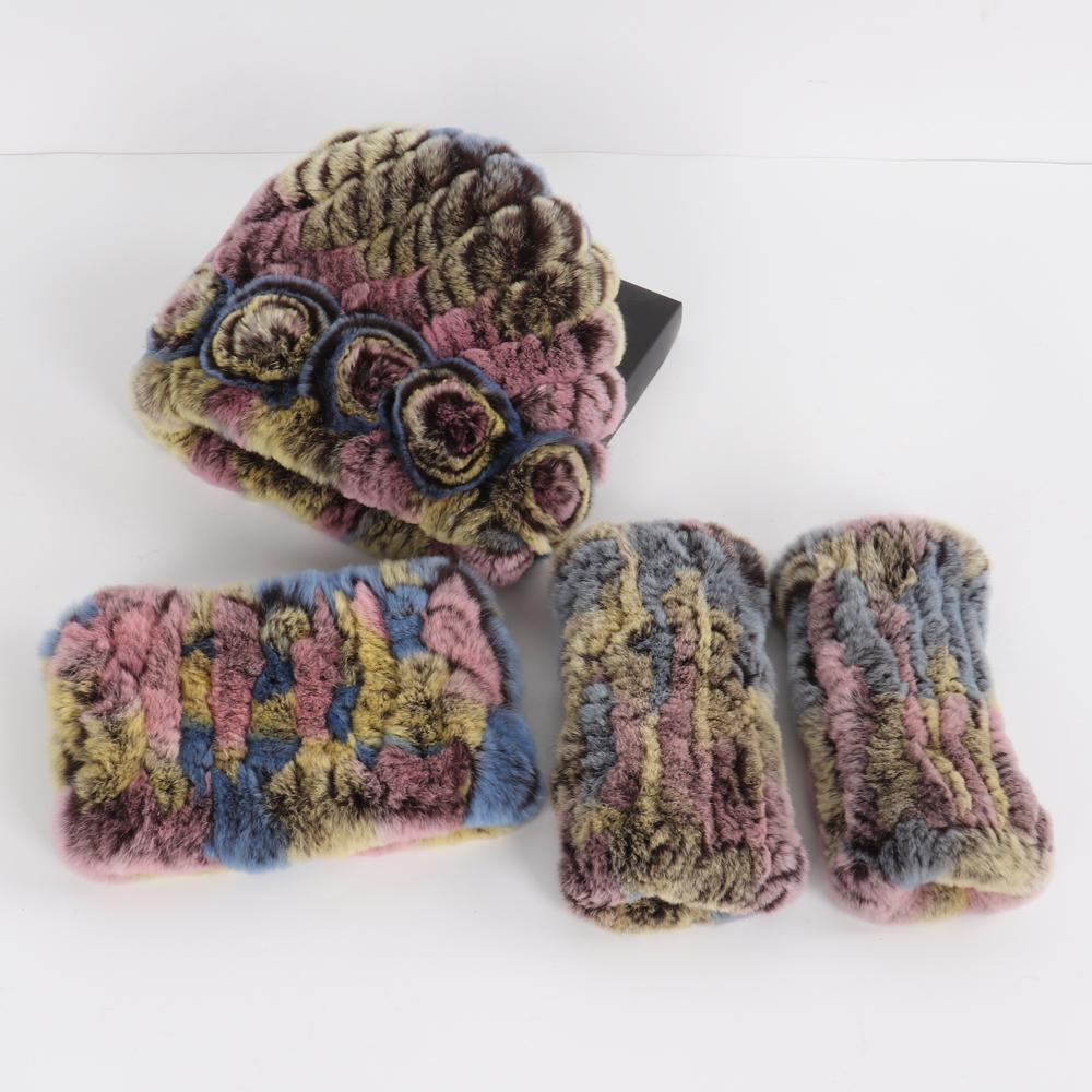 New Winter 3 Pieces Knitted Real Rex Rabbit Fur Hat Scarf Gloves Sets Women Natural Rex Rabbit Fur Warm Cap Scarves Mittens