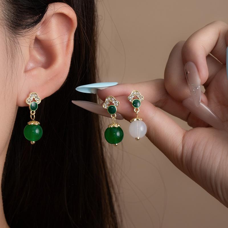 New Chinese-Style Earrings Versatile High-End Light Luxury Round Diamond Emerald Earrings Niche Temperament Zircon Earrings Earrings Ear Jewelry