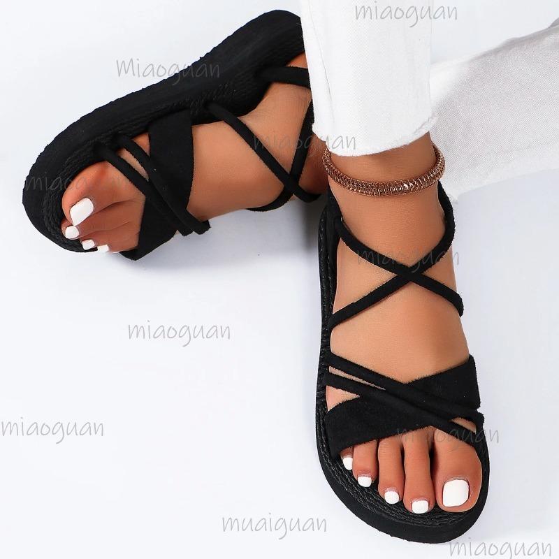 Fashion Size41 Women's Fashion Anti-slip Comfortable Soft Soled Sandals Crystal Decor Black Ankle Strap Sandalias Flat Shoes for Woman