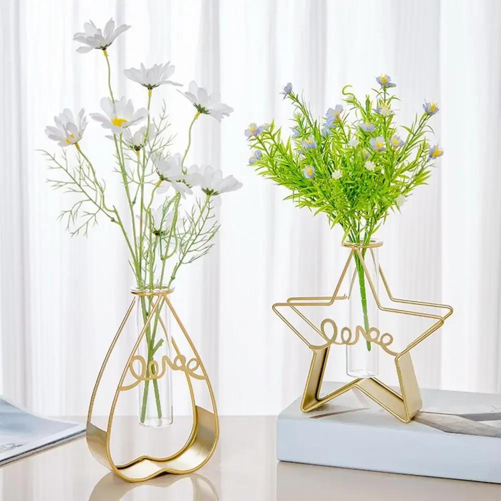 2024 Hydroponic Container 2Pcs/Set Nordic Style Geometric Exquisite Flower Vase Star Shape Metal Frame Glass Home Decoration