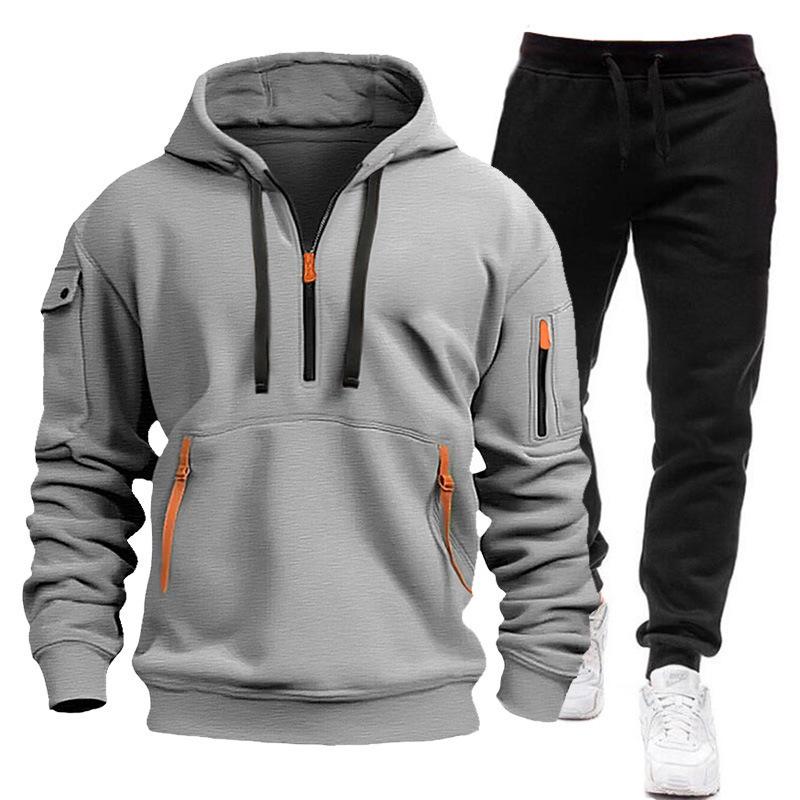 Autumn Men's Casual Sports Suit with Multi-Zipper Arm Pockets & Fashionable Hoodie