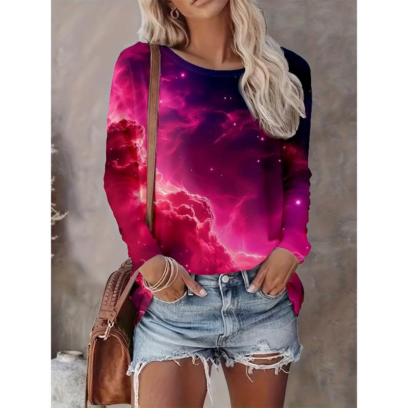 Women's Autumn and Winter Love Plaid 3D Printing Round Neck Long-sleeved T-shirt Comfortable, Fashionable and Breathable