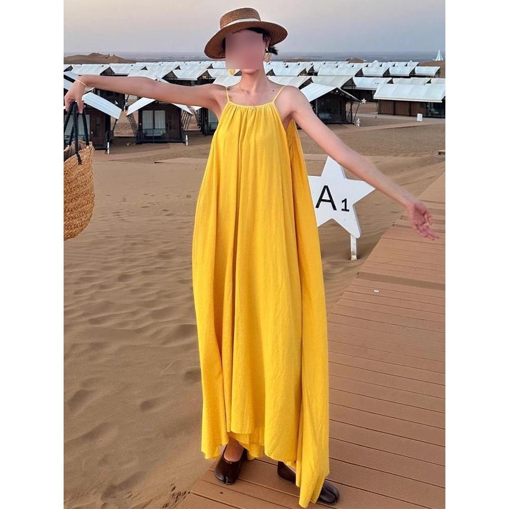 vacation beach skirt temperament loose backless dress Xishuangbanna suspender design long dress summer