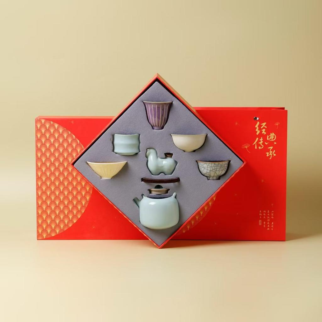 Famous teachers ensure quality, five famous kilns, gift boxes, lifting beams, pot sets, the whole set of tea sets can raise high-end ceramics
