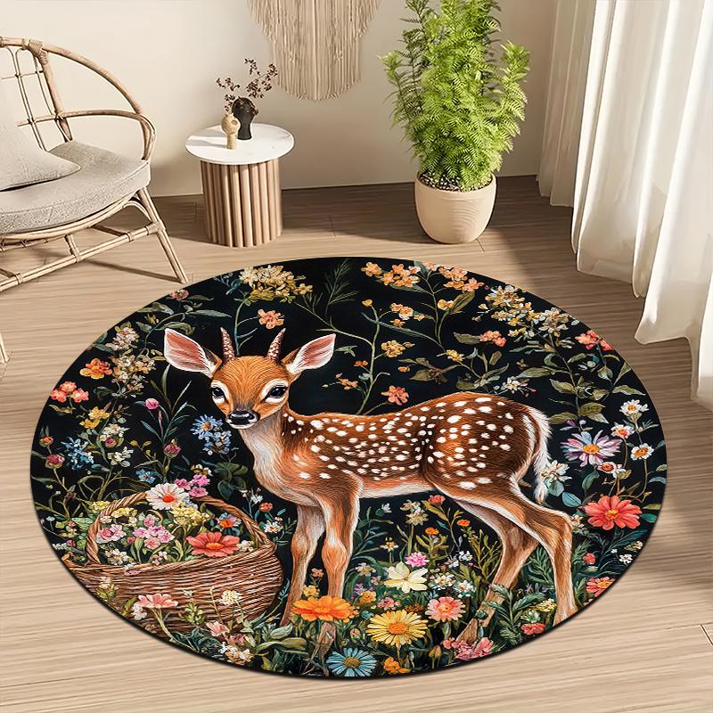Forest Flower Deer Theme Flannel-printed round floor mats are slip-resistant Suitable living room bedroom terrace garden carpets