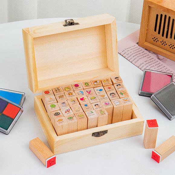 Wooden Box Diary Stamps Set: Cute Bunny & Cat Designs, 40 Pieces, 4 Styles
