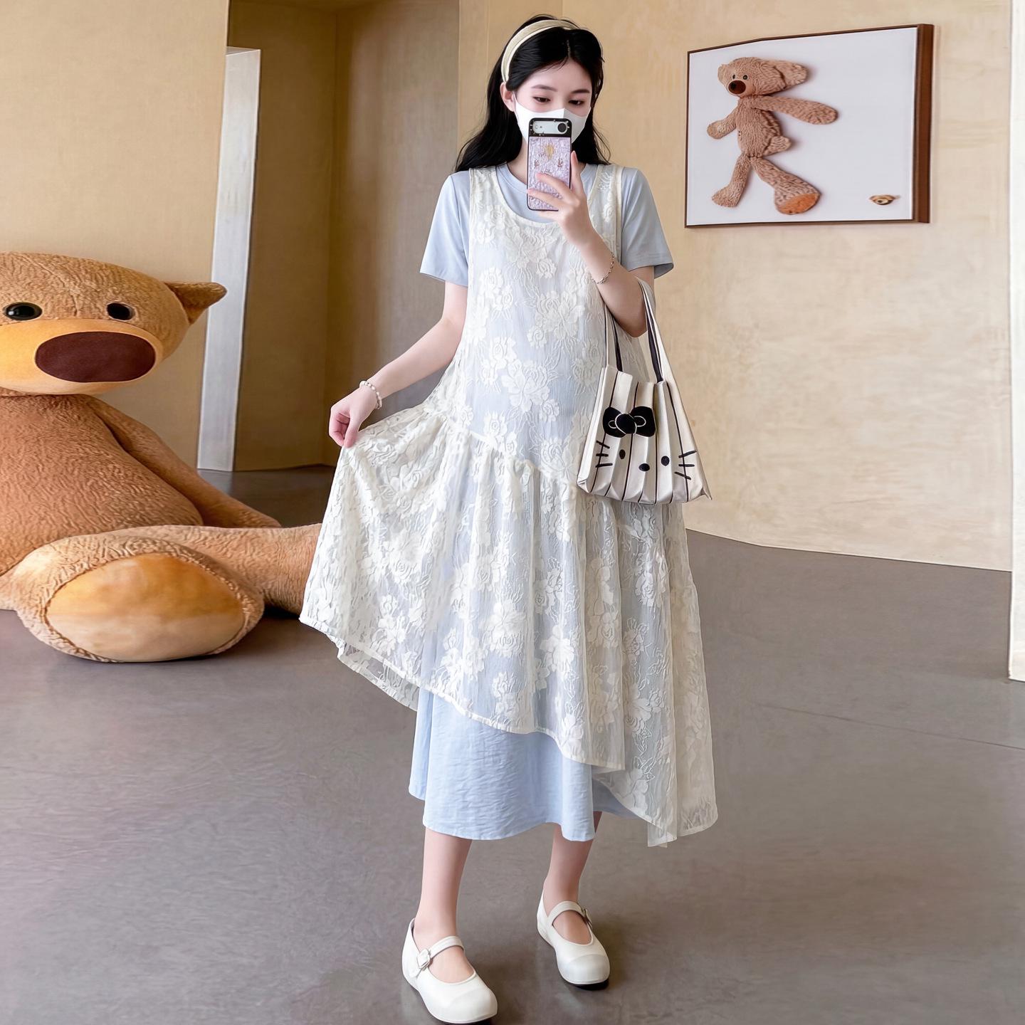2026 New Spring/Summer Maternity Lace Dress & T-shirt Two-Piece Set Medium