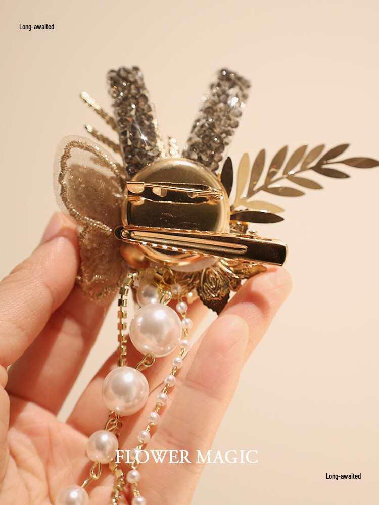 Exquisite High-End Butterfly Pearl Tassel Lapel Pin with Crystals for Weddings