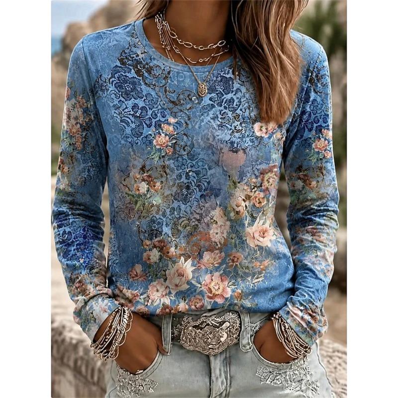 2026 Herbst Neues Damen Langarm Rundhals Lässiges T-Shirt mit Buntem Blumendruck Pflanzenelementen Outdoor Chic Top
