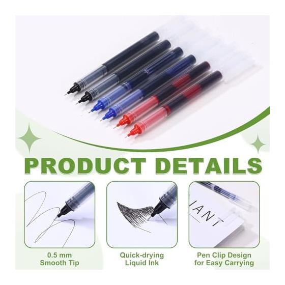 PATIKIL 12 Pcs Liquid Ink Rollerball Pens, 0.5mm Fine Needle Tip, Smooth Writing Gel Ink, Quick Dry, Black/Blue Ink, Office Supplies for Notebooks,