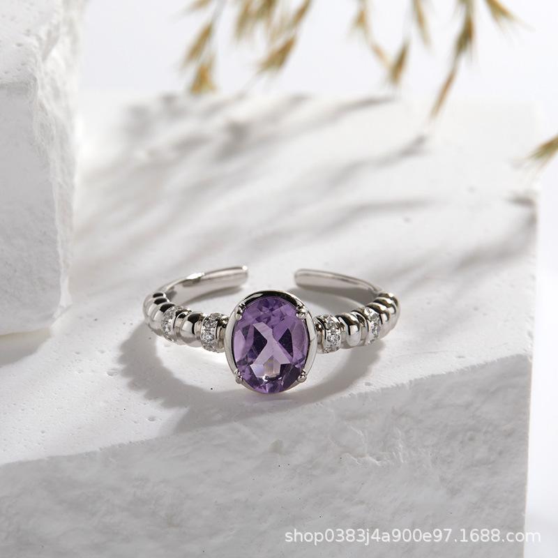 Non-Fading High-End S925 Sterling Silver 18K Gold Natural Amethyst Lucky Treasure Ring Women'S Simple Jewelry