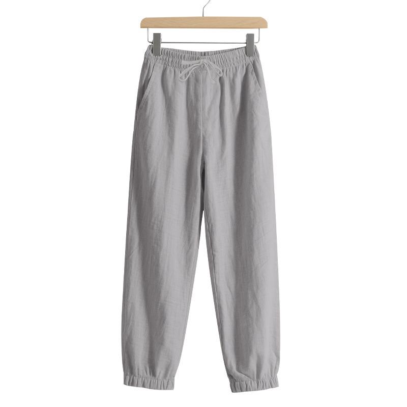 

Spring Autumn Elastic Waist Cotton Linen Loose Casual Jogger Pants Male Solid Lace Up Lace Up Sports Trousers Men M серый