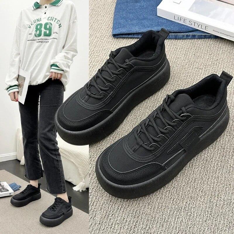Leisure Chunky Sneakers Woman Winter PU Lace Up Mid Heels Round Toe Shoes for Women Platform Vulcanize Shoes Plus Size
