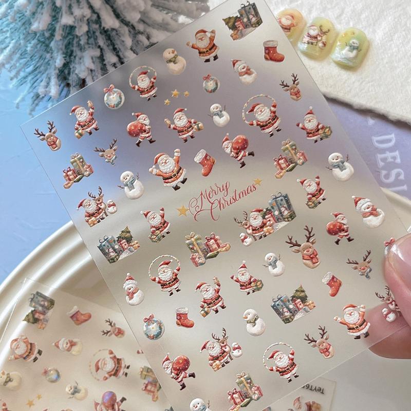 Weihnachts-Nagelsticker Schneeflocken Relief 3D Weihnachtsbaum Weihnachtsmann Elch Schneemann Cartoon Tragen Nagelsticker Maniküre Dekor