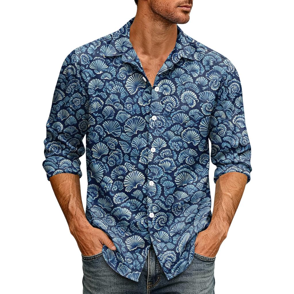 Men's Loose Fit Long Sleeve Shirt Hawaiian Style Retro Casual Button Down Collar Shirt Suitable for Spring and Autumn Wear