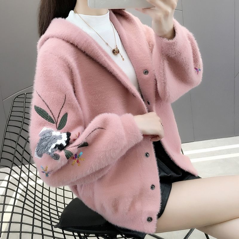 Wasserdichter Mantel mit Kapuze aus Kunstnerz für Damen, locker gestricktes Cardigan-Oberteil für den Winter