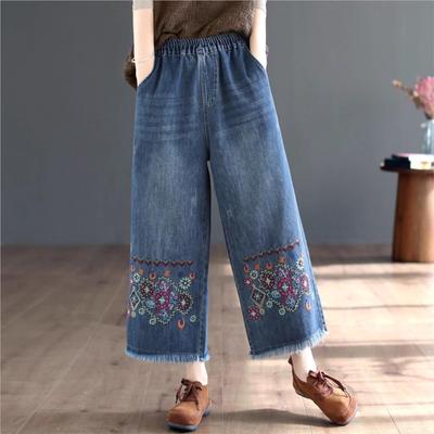 Pantaloni larghi in denim con ricamo floreale autunnale da donna, con elastico in vita, blu, larghi, lunghi fino alla caviglia