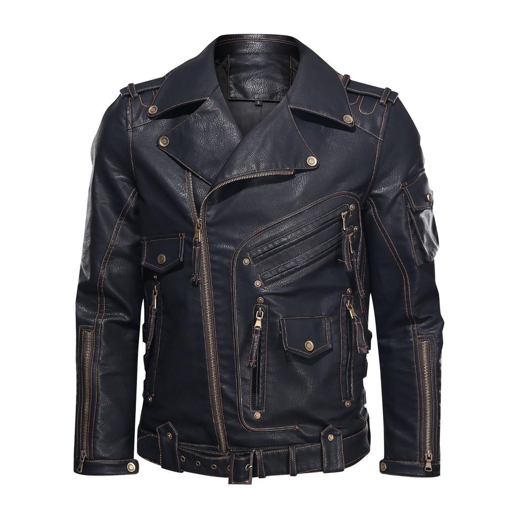 European and American locomotive PU leather jacket multi-pocket zipper leather jacket men's autumn and winter punk jacket European size