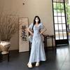 French Blue Smudge First Love Dress, Summer New Waist and Thin Temperament Bubble Lotus Leaf Plaid Long Skirt