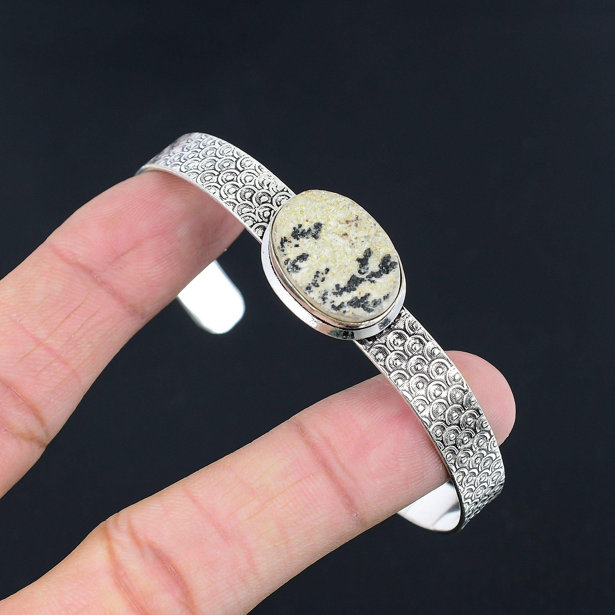 

Oval Natural Psilomelane Dendrite Elegant Art Deco Bangle 925 Sterling Silver Adjustable