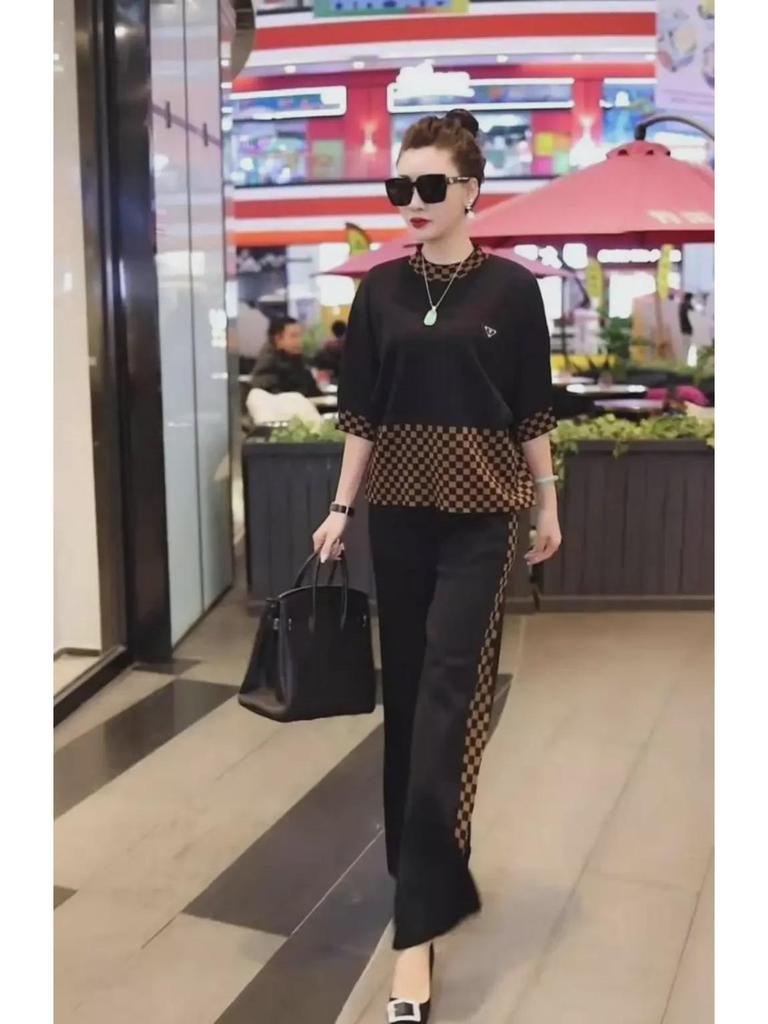 2025 Spring/Summer European Women's Spliced Plaid Sweatshirt & Wide-Leg Pants Set