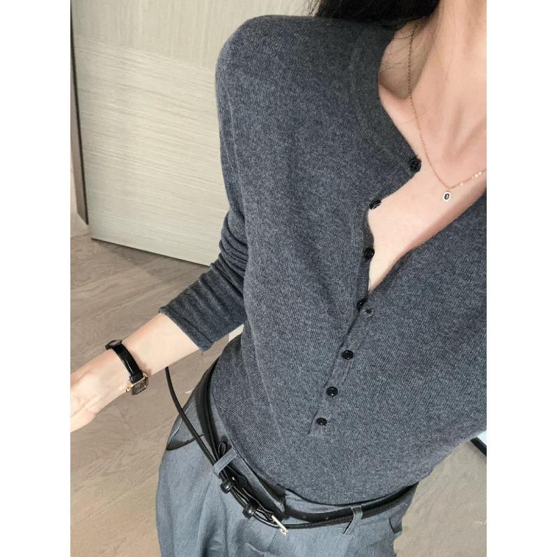 Button half open neck ice silk knitted long-sleeved shirt women's summer thin soft waxy slim slim bottom top