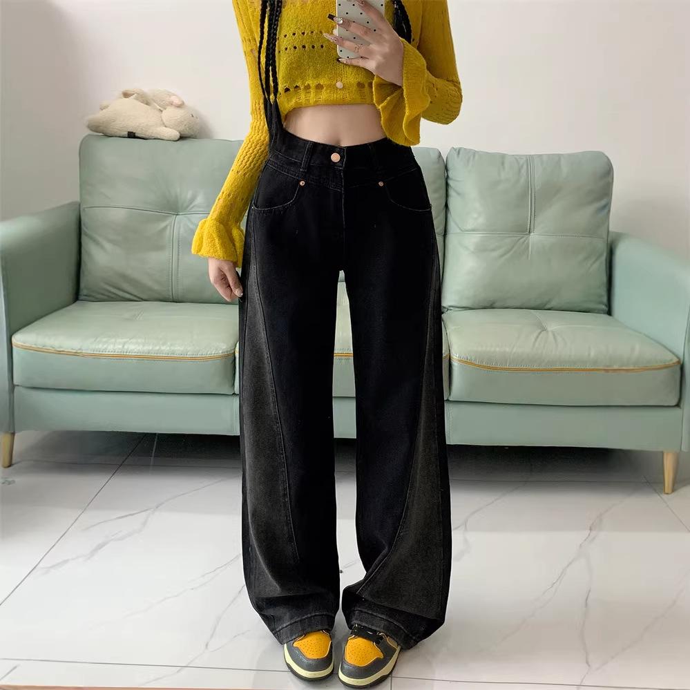 

Plus Size Color Block Wide-Leg Jeans for Women - Spring 2026 High-Waist, Loose, Floor-Length. S чорний колір сірий