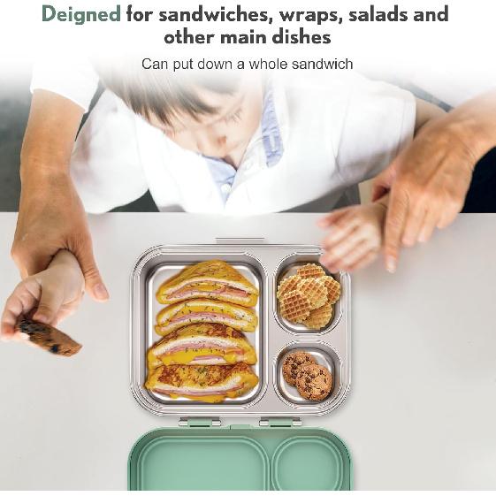 Stainless Steel Bento Box Kids, Leak Proof Metal Bento Lunch Box,3 Compartments 304 Stainless Steel Bento Lunch Containers for School and