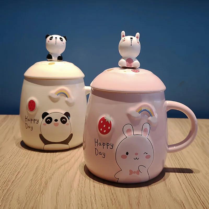 Cartoon Panda Ceramic Mug With Lid Spoon Coffee Tea Cup of Coffee Drinkware Original Breakfast Cups Personalized Gifts Cute Mugs