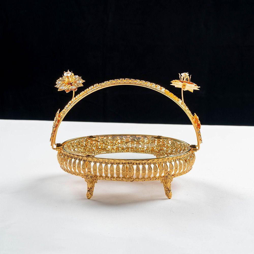 Desktop Ornament Metal Fruit Plate Creative Retro Storage Basket Handheld Multi-Function Golden Glass Plate Living Room