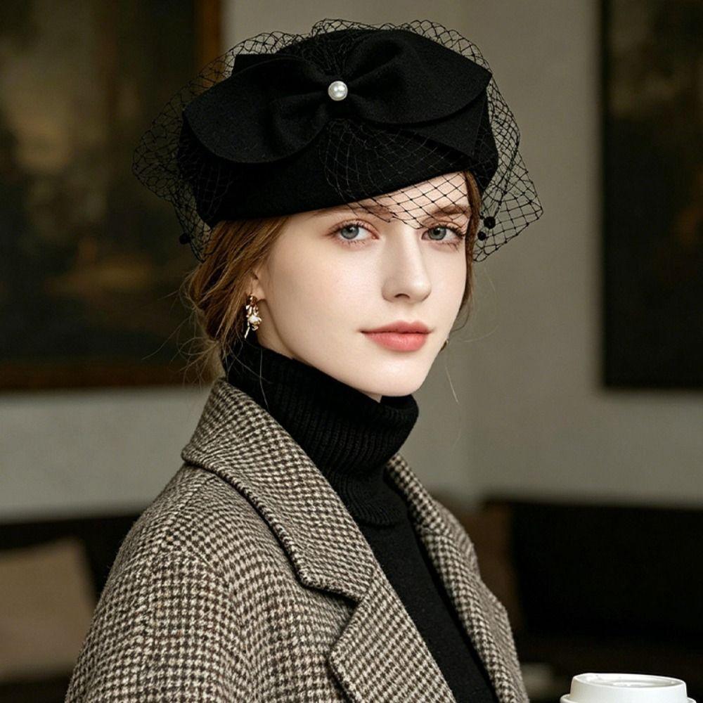Elegant Bow Fedora Hat French Style Woolen Beret Airline Stewardess Caps Fashion Show