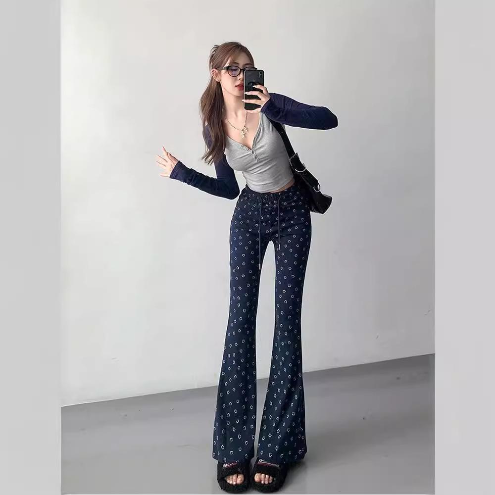 

Улыбающиеся брюки клеш с высокой посадкой, эластичные, с принтом, для женщин, весенние, новые, облегающие и повседневные брюки клеш 2XL