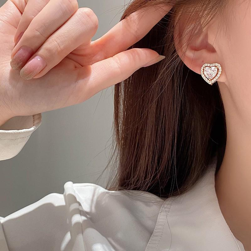 Elegant S925 Sterling Silver Needle Earrings with Micro-paved Zircon Heart Studs - Fresh Women's Fashion Jewelry.